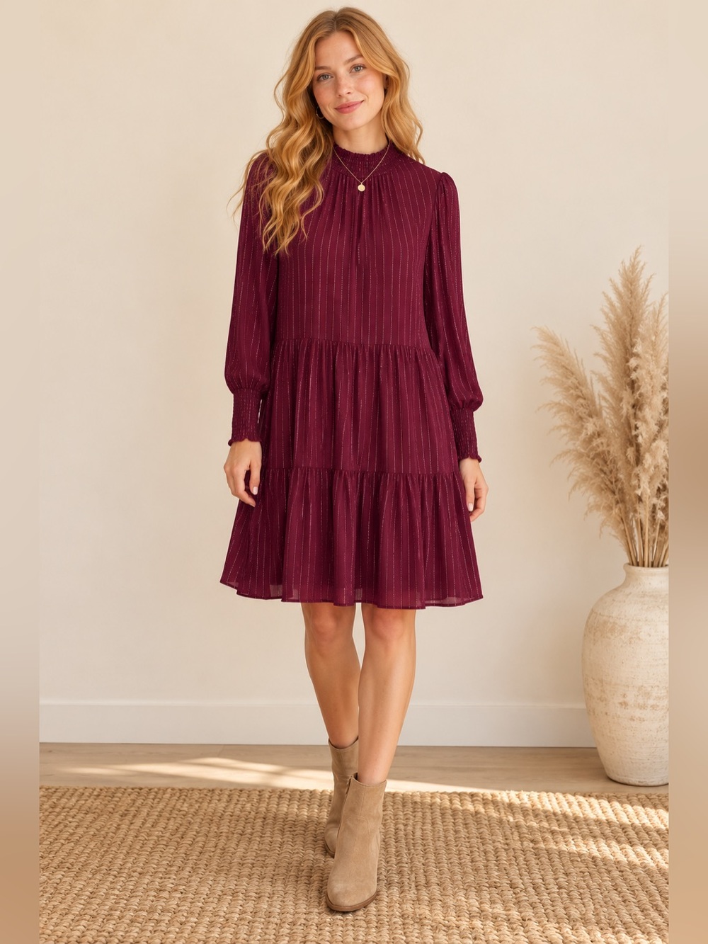 Knox Rose Burgundy Long-Sleeve Tiered Shift Dress with Metallic Threads
